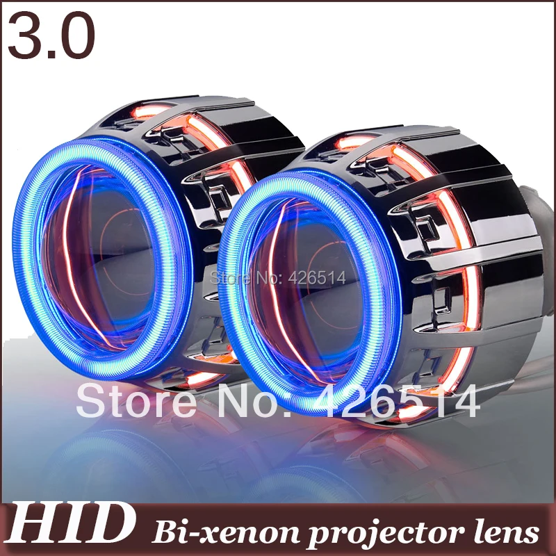 General installation! 3'' inch H1 H4 H7 H11 9005 9006 HID Bi-xenon  Projector Lens double 4mm CCFL Double Angel Eye Devil Eye