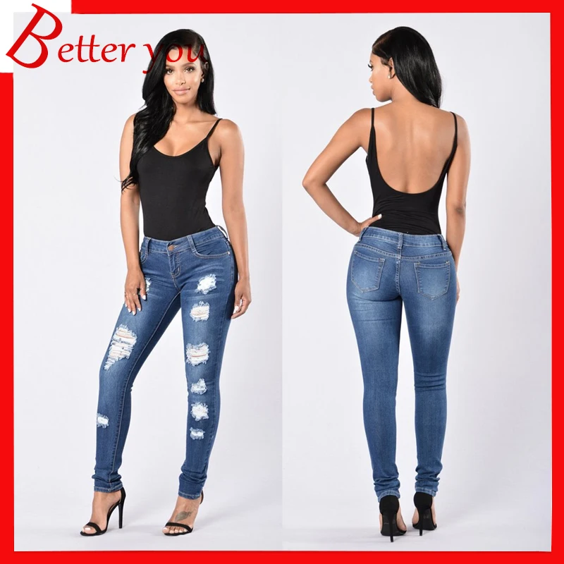 

2019 New Spring Summer skinny jeans hole jeans trousers pants stretch pencil pants middle waist women ripped jeans