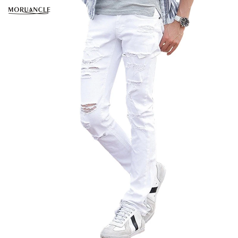 MORUANCLE Mens White Ripped Jeans Pants With Holes Super Skinny Slim