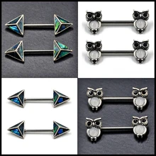 Болото-1 пара 316L хирургические Сталь Vintage Opal Сова мозаика раковина абалона, Треугольники ниппель щит штангой кольцо пирсинг ювелирные изделия