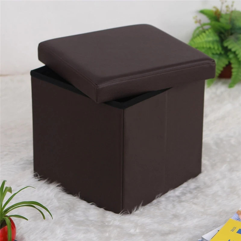 

Tenozek PVC Leather Square Shape Storage Stool Box Pouffe Folding Footstools Brown -US stock