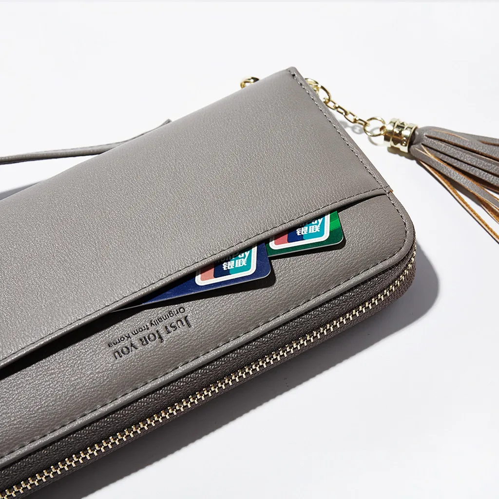 Кожаный кошелек женский однотонный кошелек для кредитных карт Дамская кисточка браслет на запястье Длинный кошелек сумки для женщин