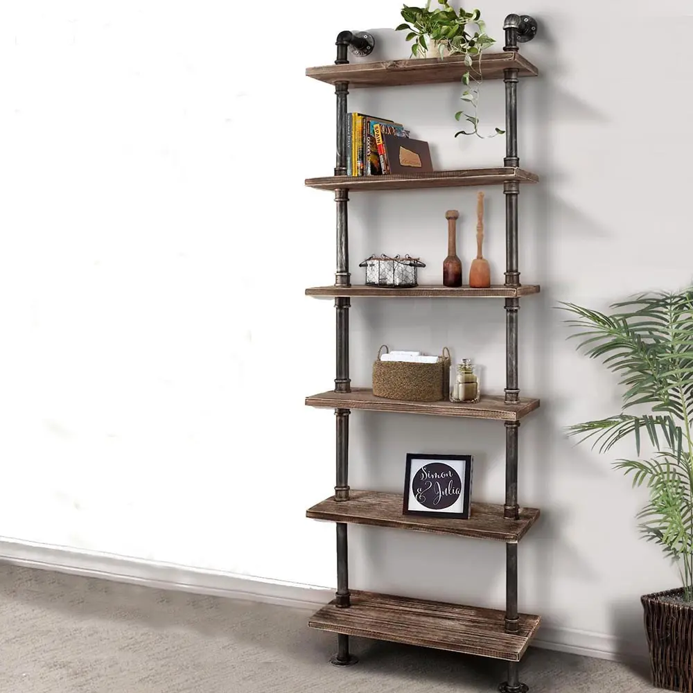 

iKayaa DIY Iron Pipe Standing Book Shelf Utility Storage Rack 6 Tier Rustic Industrial Ladder Wall Shelves W/ Wood Planks