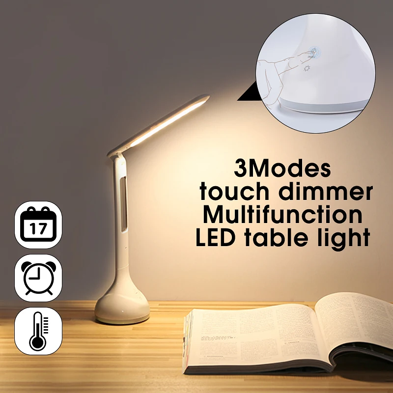 

3 Modes Dimmable USB LED Touched dimmer Sensitive Color Changing Table Light Desk Lighting with Calendar Temperature Alarm Clock