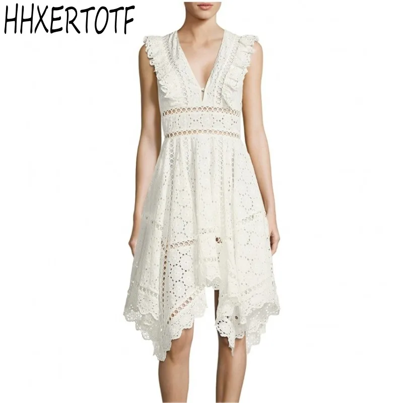 

High Quality Newest Fashion 2019 Summer Runway Dress Women's Elegant sleeveless White Lace Hollow Asymmetry Dress