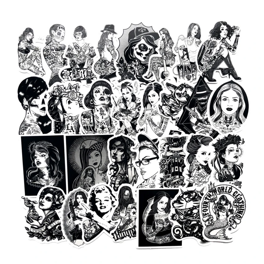 

68pcs Cartoon Anime Beauty Girl Cool Stickers for Sticker on Laptop Skateboard Suitcase Bike Helmet Black and White Sticker