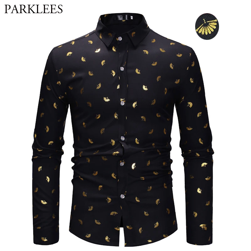 Men's Gold Fan Print Slim Fit Long Sleeve Dress Shirts 2019 Spring New ...