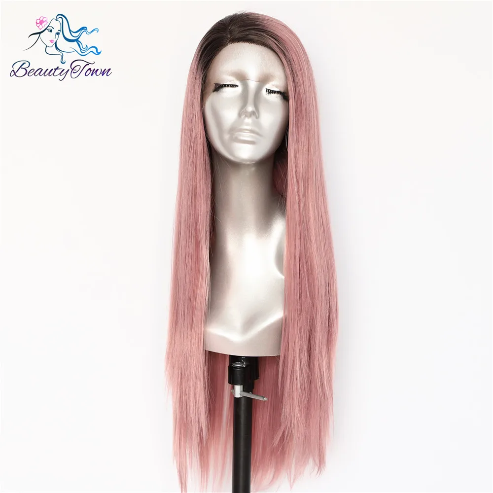 

BeautyTown Dark Root Ombre Pink L Lace Part Daily Makeup Straight Heat Resistant Hair Wedding Party Synthetic Lace Front Wigs