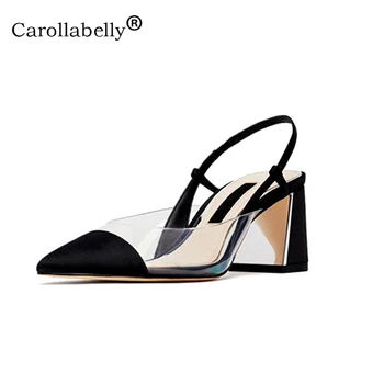 

Carollabelly Newest PVC Transparent Middle Thick Heeled Sexy Sandals Pointed Toe Shoes Sandals Summer Black Clear Lady Sandal