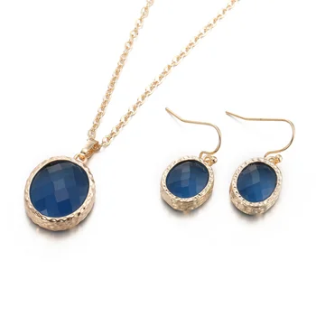 

Fashion jewelry Gold Deep Blue Cubic zirconia Pendant earrings with stones Party Jewelry Sets for women S2011