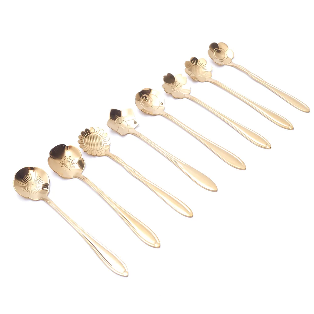 

8pcs/set Gold Vintage Flower Shape Icecream Tea Coffee Spoon for Bar Restaurant Small Condiment Spoons Sugar Soup