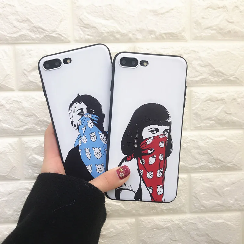 

Fashion Cool Masked Boy and Girl Print Phone Case For iphone X Case For iphone 6 6S 7 8 Plus Back Cases Soft TPU Couples Cover