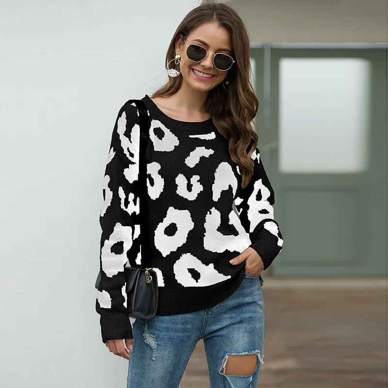DANJEANER/осенне-зимний модный свитер с леопардовой раскраской, женские повседневные толстые пуловеры с круглым вырезом и длинными рукавами, Женский вязаный джемпер - Цвет: black