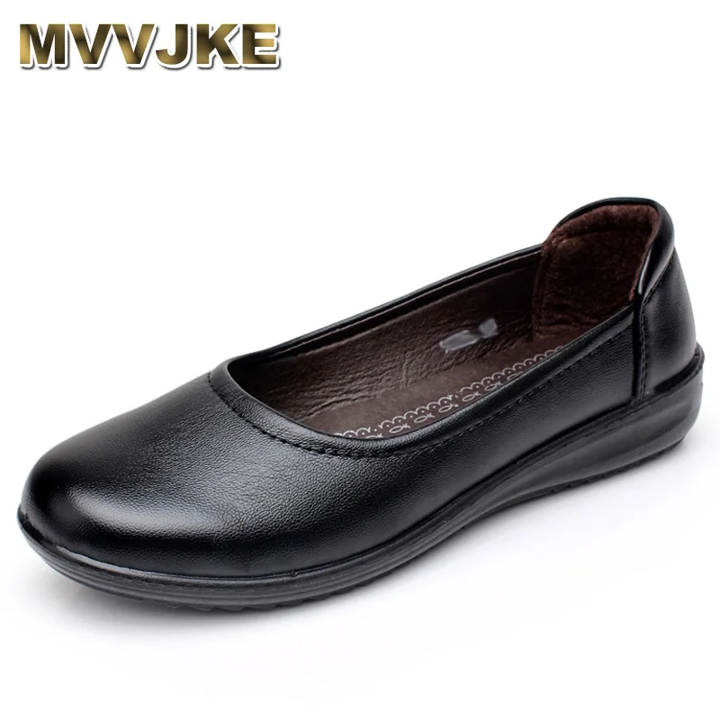 MVVJKE Autumn 2018 Mother's Shoes Comfort Woman Black For Work OL Lady Non-slip Flat Women's Leather Shoes Soft And Light E112