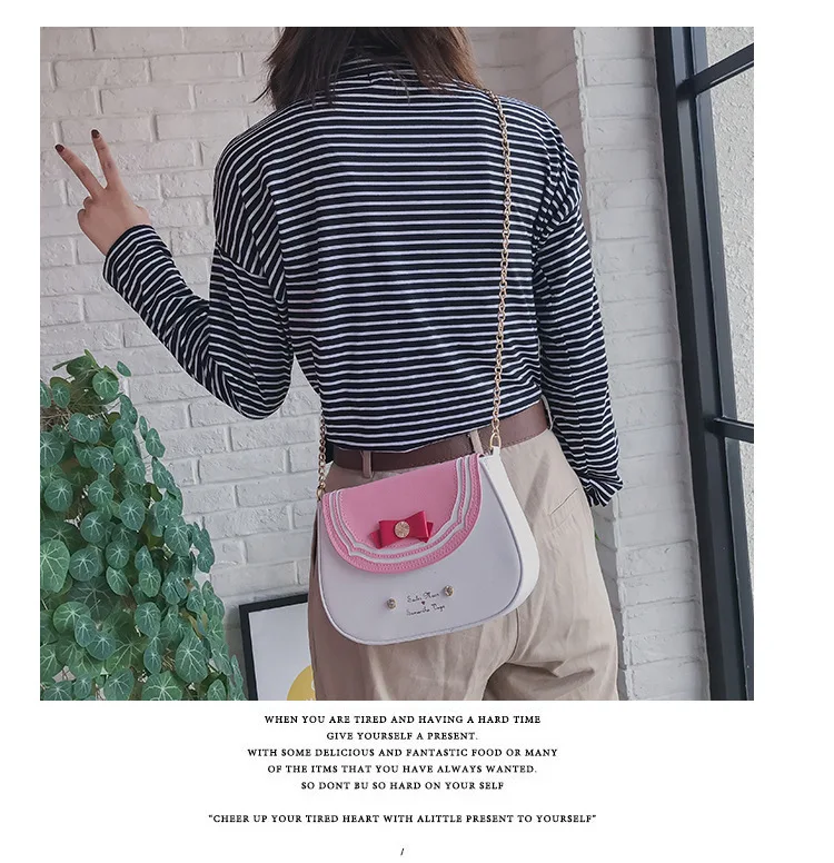 Забавная милая сумка-мессенджер на плечо с бантиком в стиле Сейлор Мун, женская сумка с цепочками из искусственной кожи, популярная цветная сумка через плечо, Женская мини-сумка с клапаном