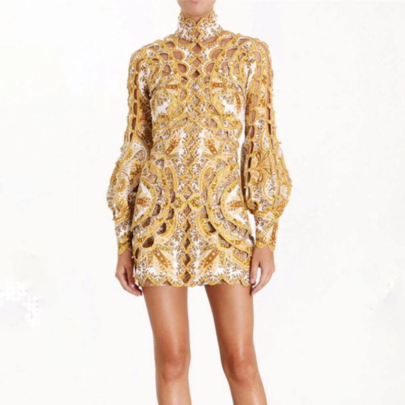 

Fashion Newest Stylish 2019 Summer Runway Designer Dress Women's Lantern Sleeve Cutting Out Retro Floral Print Beading Dress