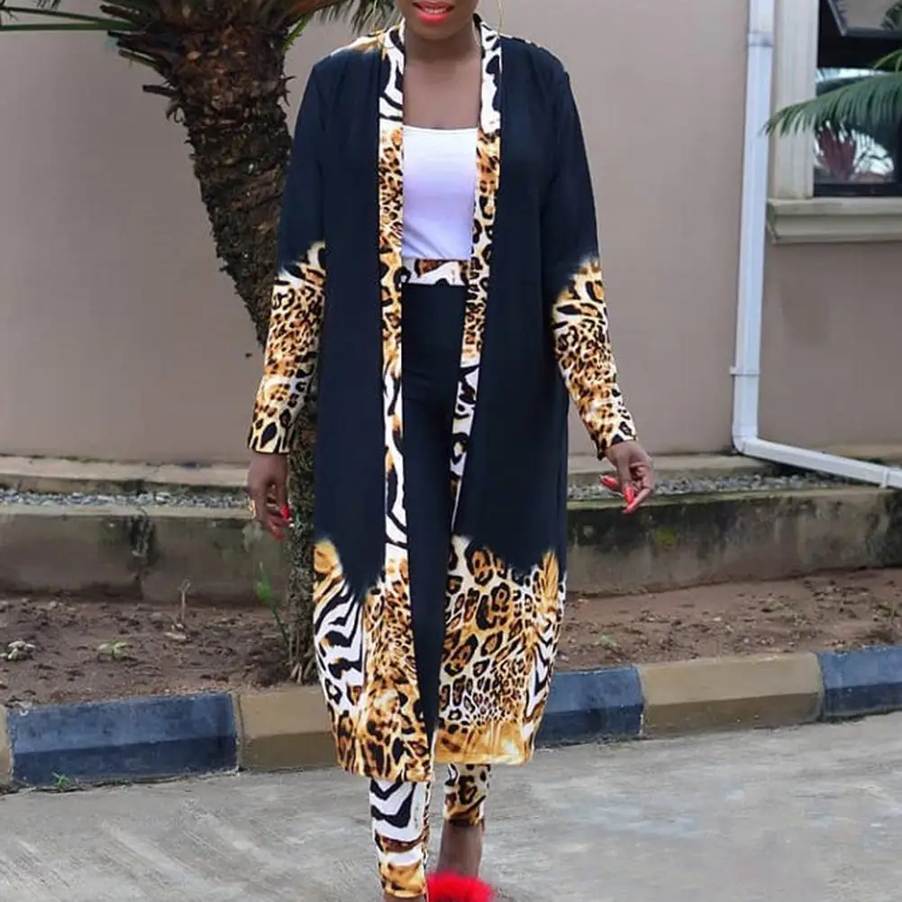 

Three-piece Suit Sexy Women Set Leopard Patchwork Tube Top Pants Long Sleeve Coat