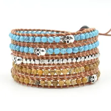 5 capa de Color Turquesa con cuentas Pulseras Del Abrigo Del Cuero del cráneo de plata antiguo luu Pulsera con Piedras naturales pulsera De Cuero
