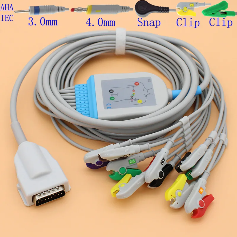 

15p ECG EKG 10 leads cable and electrode leadwire for Burdick/Quinton/Atria ECG monitor,AHA/IEC/3.0 din/4.0 banana/snap/clip.