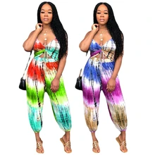 Halter Outfits Backless Crop Top And Bloomers Pants Two Piece Set Tie Dye Print Sweat Suit Sexy Wide Leg Summer Loose Harem 2019 crop self tie halter top
