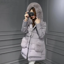 Размера плюс теплый меховой воротник с капюшоном парка куртка пальто европейский стиль средней длины розовый женские зимние куртки Casacos WUJ0524