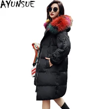 Длинный женский пуховик, новинка, зимняя парка на утином пуху, женский большой меховой воротник, утолщенная теплая верхняя одежда, Женская длинная одежда ST542