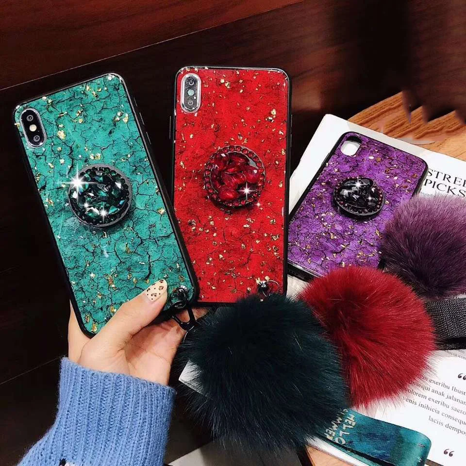 

Glitter DIY Fur Hair Ball+Crystal Bracket+Strap Phone Case For Samsung S8 S9 Plus Note 8 9 For iphone 6 6s 7 8 Plus XS MAX XR