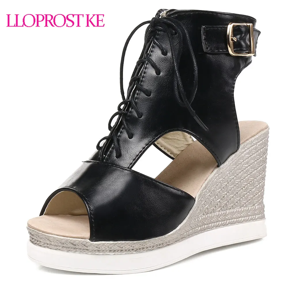 

LLOPROST KE Wedge Heels Gladiator Sandals Women Peep Toe Cross Tied Lace Up Buckle Platform Sandals Summer Shoes Woman MY408