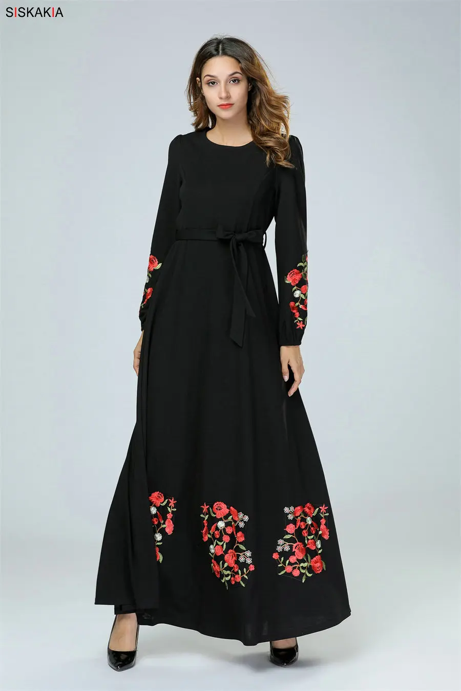 Siskakia, Черное длинное платье, элегантное, с цветочной вышивкой, мусульманские платья, круглый вырез, длинный рукав, свинг, Арабская одежда, осень, новинка