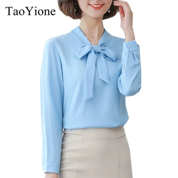 

2019 New Spring Summer Blouse Women Long Sleeve Shirts Casual Leisure Chiffon Shirt Bow Office Ladies Blue White Ladies Tops