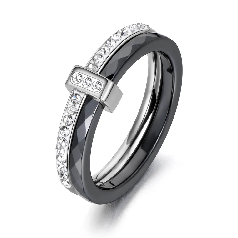 

JeeMango 2 Layers Black/White Ceramic Crystal Wedding Rings Jewelry Rose/White Gold Stainless Steel Rhinestone Engagement Ring