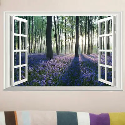 

3D False Window Purple Wood Wall Sticker Large Lavender Forest Window Scene View Removable Artistic Conception Decal Decor