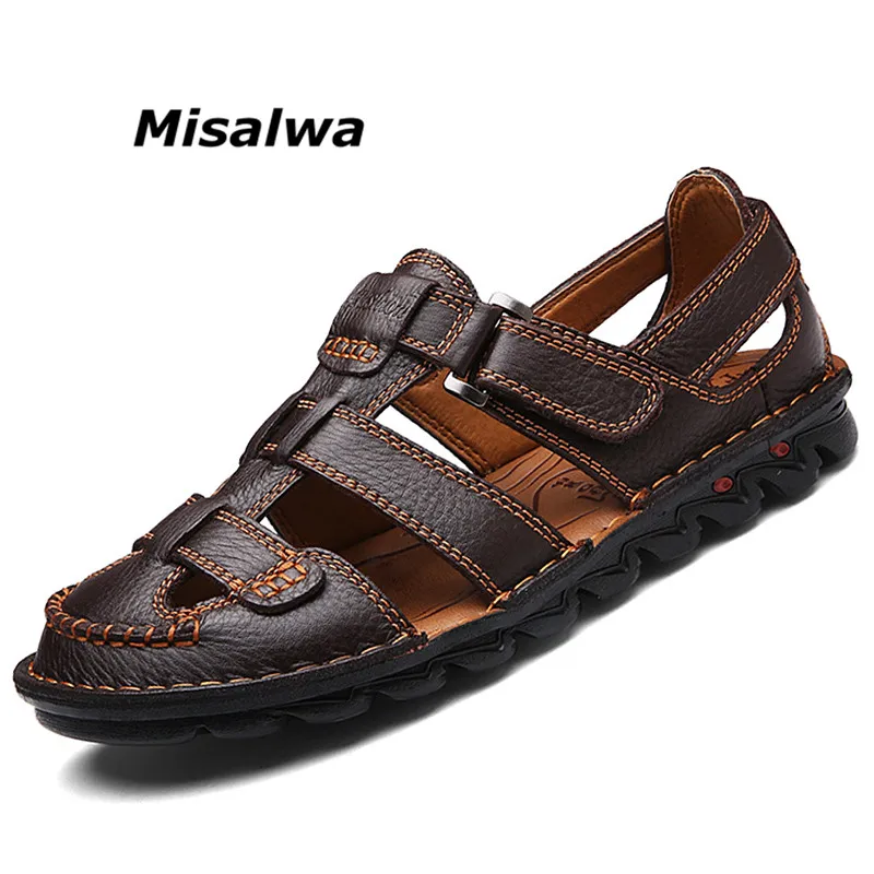 Misalwa/сандалии из натуральной кожи; мужская повседневная Летняя обувь с закрытым носком; дышащая обувь в рыбацком стиле; Повседневная пляжная обувь; обувь в деловом стиле