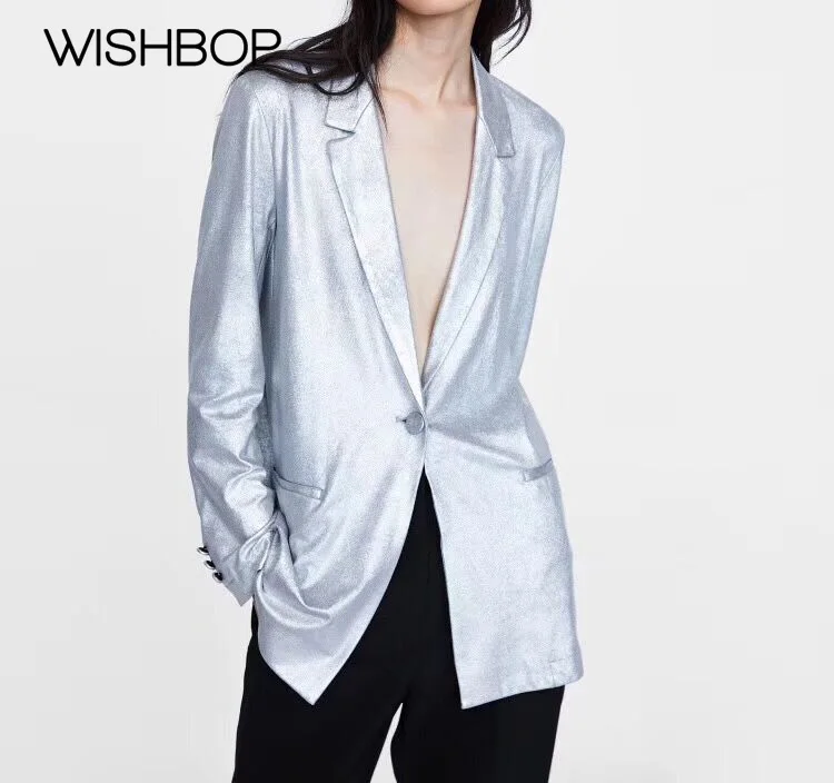 

2018 Spring New In Wishbop Silver Metallic Draped One Buckle Blazer - Women Long Sleeve One Button Casual Medium Long Suit