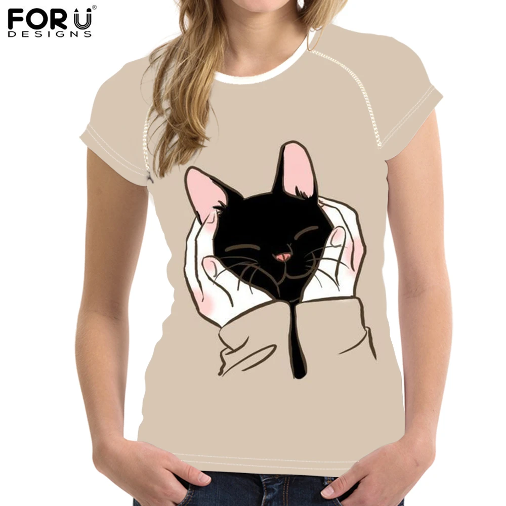 FORUDESIGNS женская модная одежда с принтом милого мультяшного кота топы тонкие