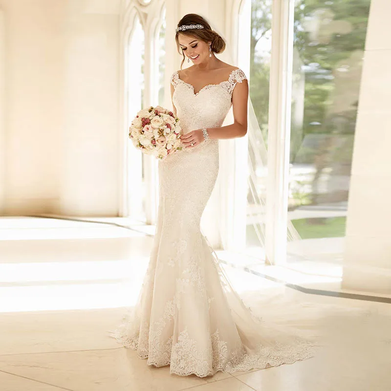 

LORIE Lace Sweetheart Mermaid Wedding Dresses Boho Bridal Dress 2019 vestido novia Cap Sleeves Appliques Wedding Gowns Bride