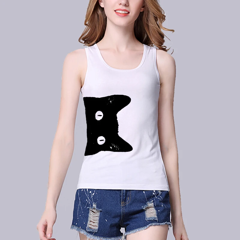 

Showtly Black Cute Cat Print white Casual Super Soft Women's Tank Tops