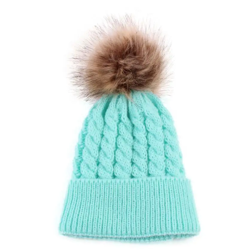 Newborn Cute Winter Kids Baby Hats Sky Blue Knitted Wool Hemming Hat