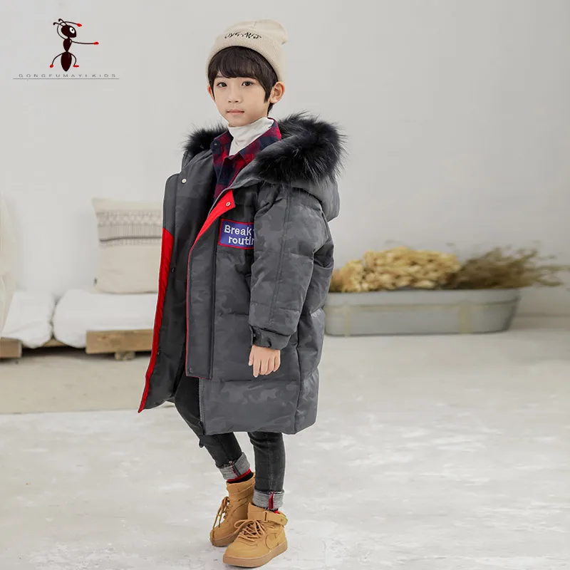 

2018 Kung Fu Ant Brand Winter Zipper Camouflage Hooded fur Collar Boys Duck Down Coat Thick warm Children's Jacket 3294