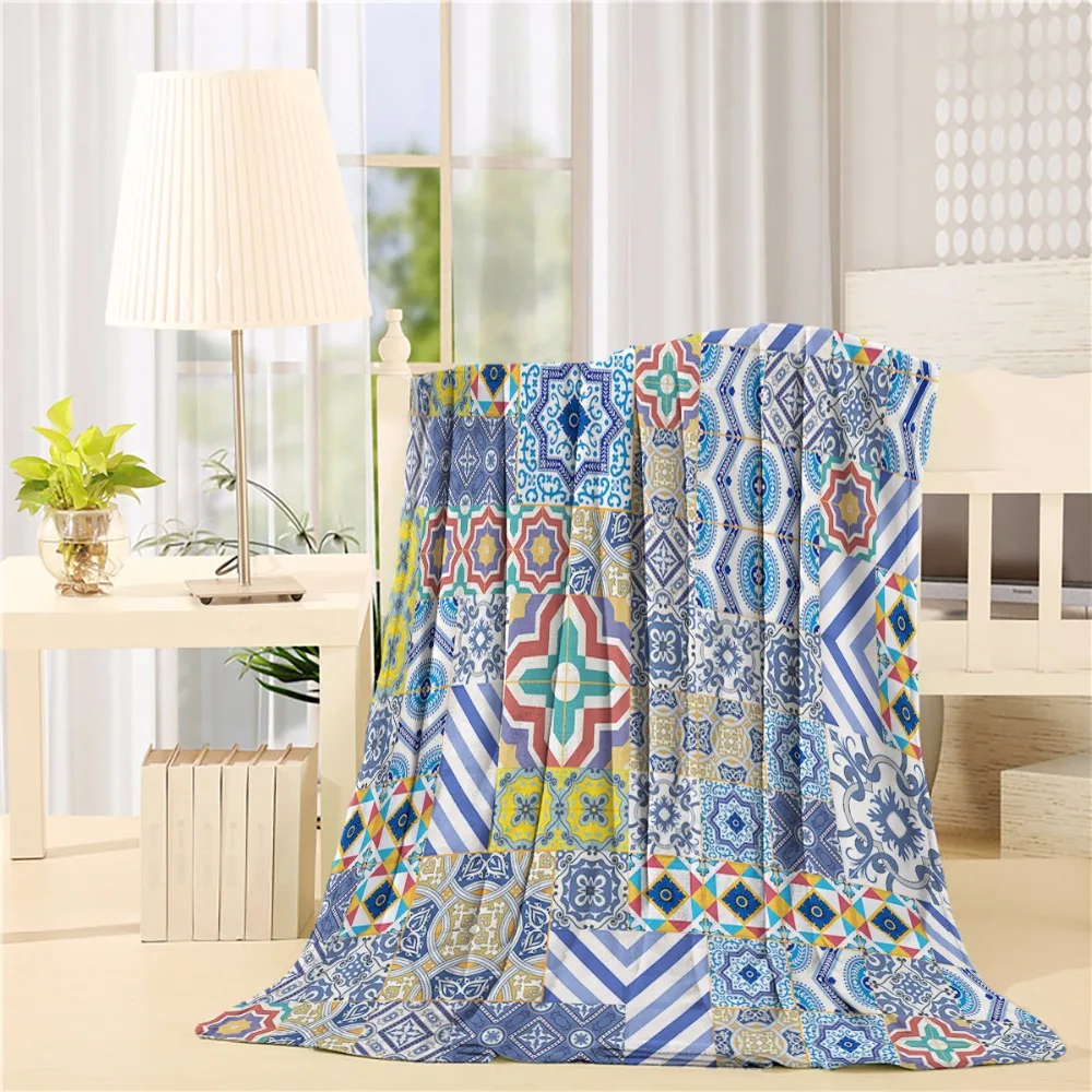 

Moroccan Classic Mosaic Tile Inspired Patchwork Style Pattern Artwork Flannel Throw Blanket Lightweight Cozy Bed Sofa Blankets S
