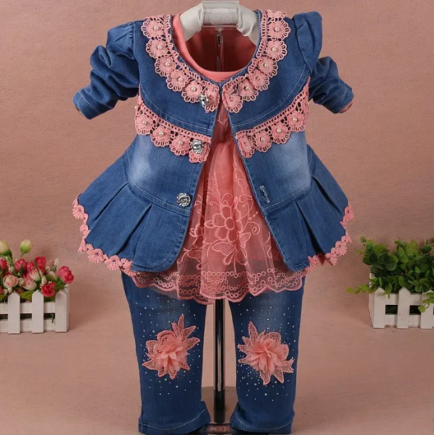Новые весенние комплекты одежды для девочек: джинсовая куртка с цветочным принтом+ футболка+ штаны, Детские комплекты одежды из 3 предметов, осенний повседневный костюм для девочек, детские джинсы