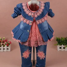 Новые весенние комплекты одежды для девочек: джинсовая куртка с цветочным принтом+ футболка+ штаны, Детские комплекты одежды из 3 предметов, осенний повседневный костюм для девочек, детские джинсы