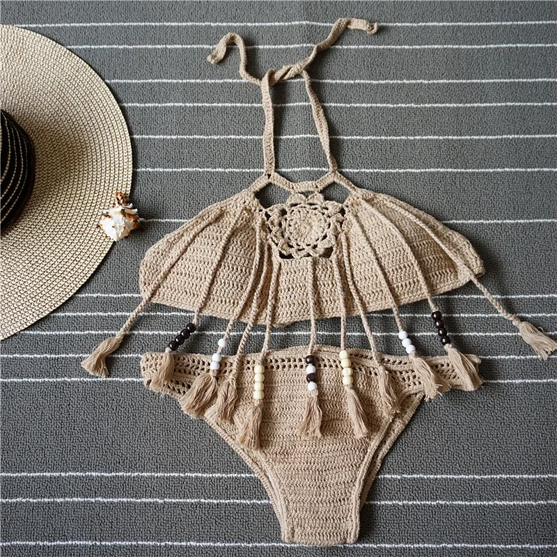 2018 European Vintage Beach Weave Crochet Women Bikini Set Handmade