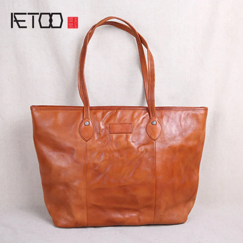 

AETOO Leather handbag big bag first layer cowhide simple tote bag soft leather retro art large capacity shoulder shopping bag