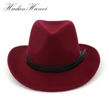 С широкими полями Обычная шерстяная войлочная ковбойская шляпа мужская женская фетровая шляпа с кожаным украшением ковбойская шляпа мягкая фетровая шляпа в джазовом стиле шапко для унисекс