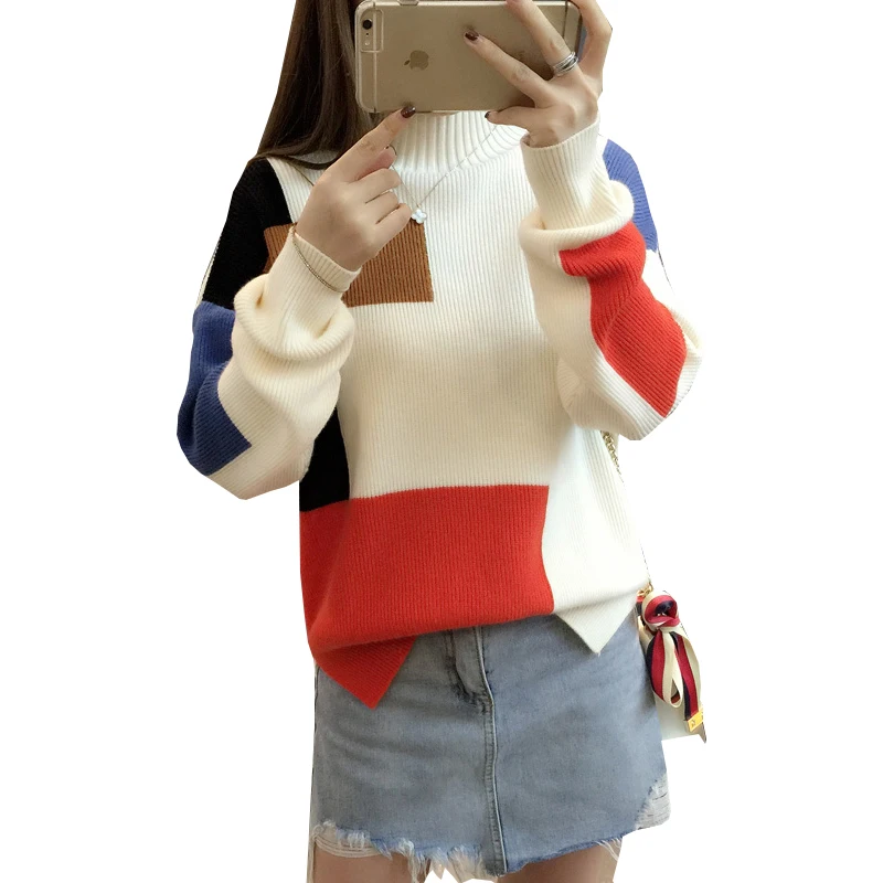 

Sweater Women 2019 Autumn And Winter Knit Patchwork Short semi-high Collar Loose women's Sweaters And Pullovers Vestidos LXJ448