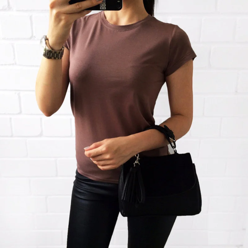 

Jeseca Women Solid T-Shirt Basic Plain O-collar Female Casual Tops Cotton Short Sleeve Women pop High Quality 5 Color S-3XL