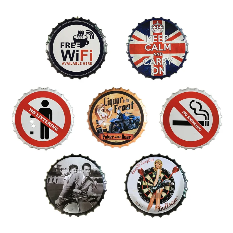 

35*35Cm Retro Tin Metal Beer Bottle Caps Sign Poster Plaque Wall Decorations Bar Pub Club Home Decor Fridge Sticker