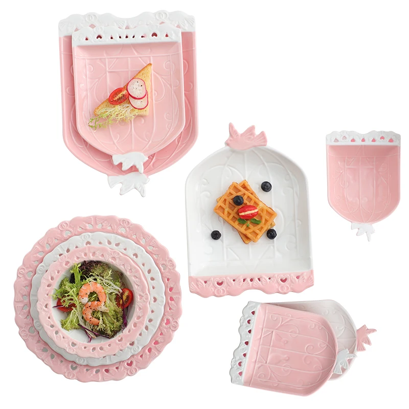 

Girls pink series glazed Ceramic Plate creative hollow embossed plates wedding party set cake dish snack fruit salad bowl