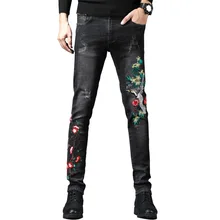Вышивка красно-короненный Кран мужские джинсы цветочный стрейч узкие брюки мужские джинсы Ковбой тонкий проблемный промытый Повседневный
